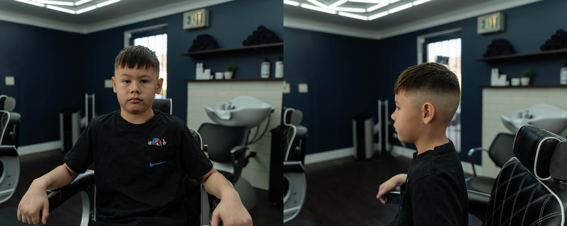 Kids fade haircut front and side view boy at Cherry Barbers family barbershop Cherry Creek Denver Colorado