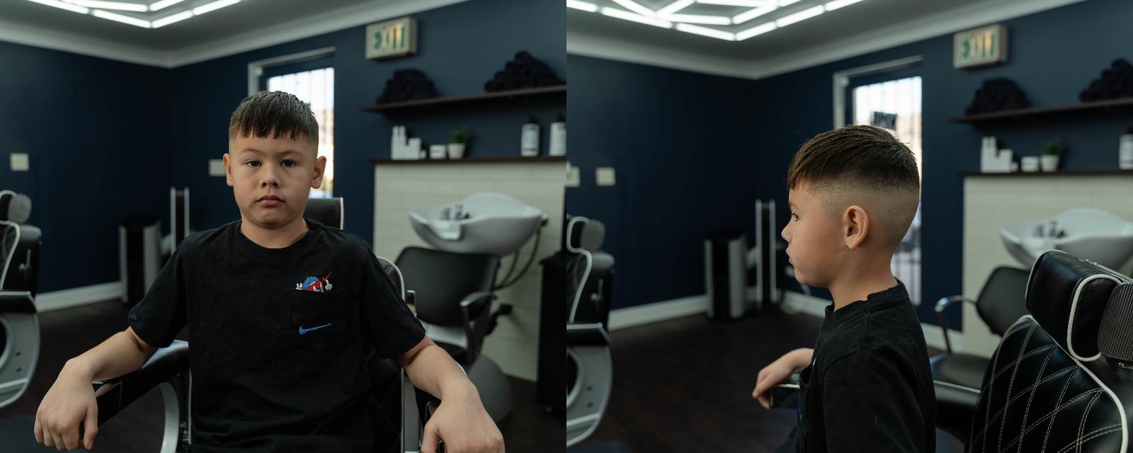 Kids fade haircut front and side view boy at Cherry Barbers family barbershop Cherry Creek Denver Colorado