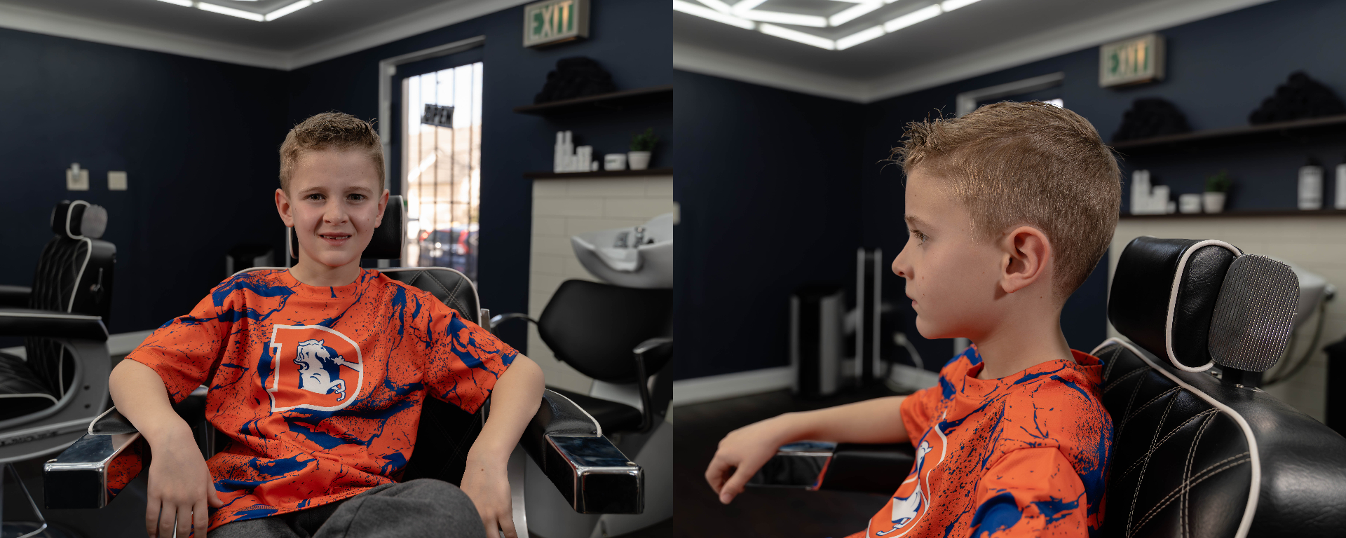 Kids haircut front and side view boy at Cherry Barbers best family barbershop Cherry Creek Denver Colorado