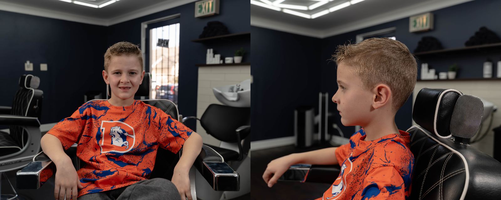 Kids haircut front and side view boy at Cherry Barbers best family barbershop Cherry Creek Denver Colorado