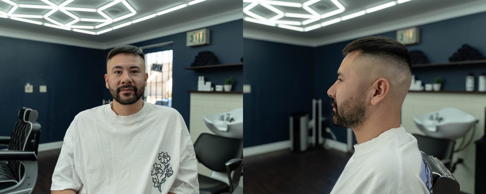 Mens skin fade haircut front and side view at Cherry Barbers top rated barbershop Cherry Creek Denver Colorado