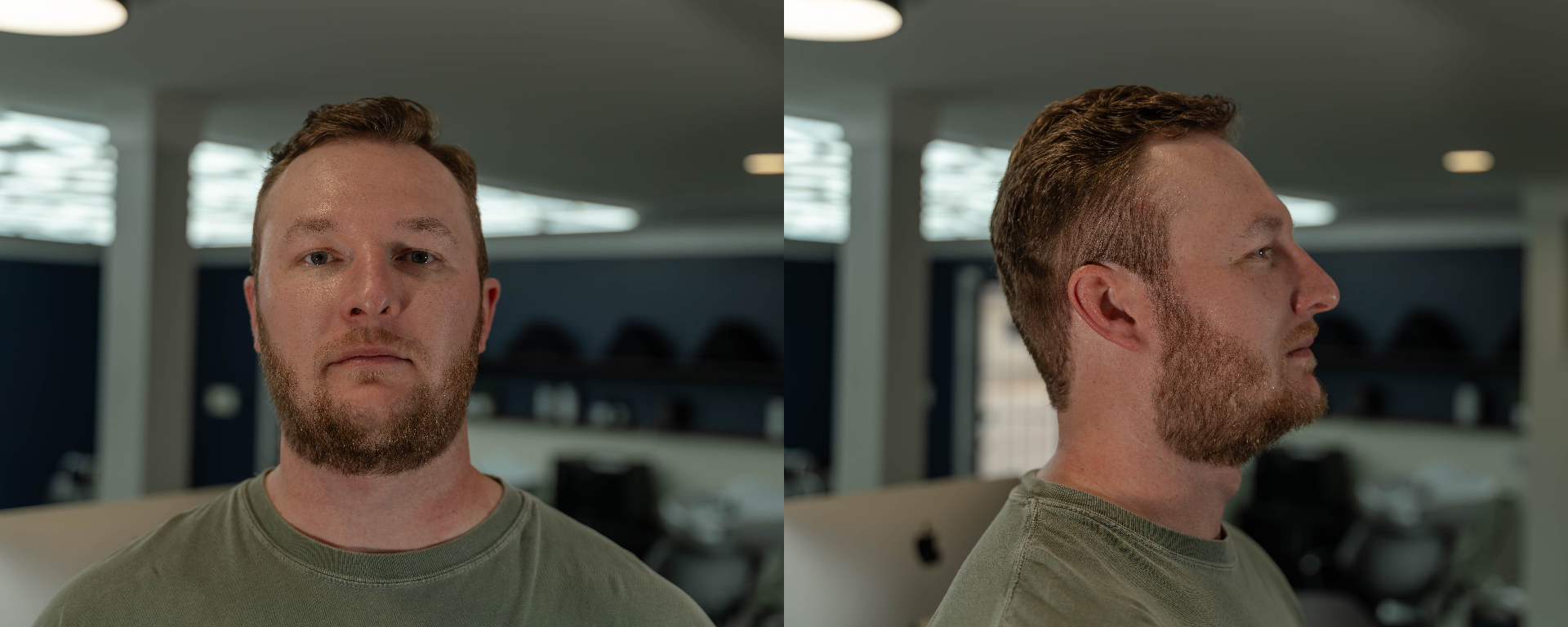 Mens haircut and beard trim front and side view at Cherry Barbers top rated barbershop Denver Colorado