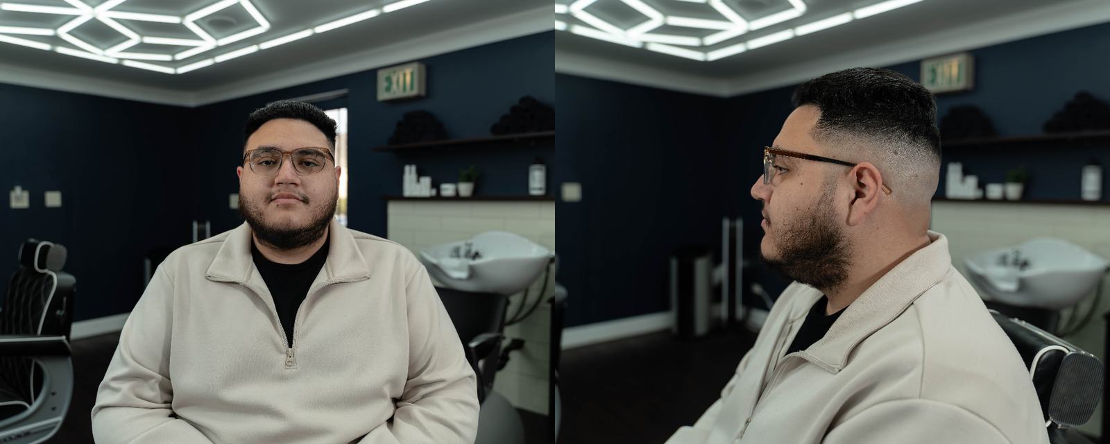 Mens haircut with beard trim front and side view at Cherry Barbers barbershop Cherry Creek Denver Colorado